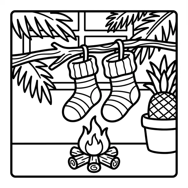 Two Christmas stockings hanging from a wooden branch above a burning campfire, next to a potted pineapple and tropical palm leaves.