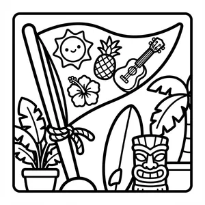 A surfboard standing upright with a rope tied around it, next to a waving flag featuring a sun, pineapple, hibiscus, and ukulele, alongside a tiki mask.