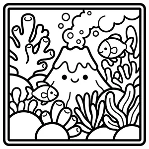 Underwater Volcano Coloring Page Cute underwater volcano erupting bubbles, surrounded by fish.