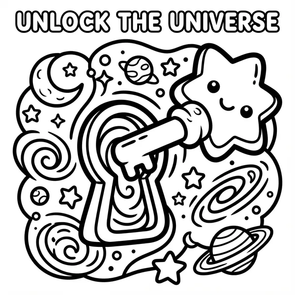 A magical cute star-headed key entering a cosmic keyhole with text "UNLOCK THE UNIVERSE", set against swirls of stars, planets, and galaxies.