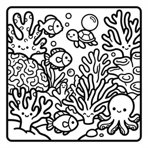 Vibrant Coral Reef Scene Coloring Page A vibrant coral reef scene with cute fish.