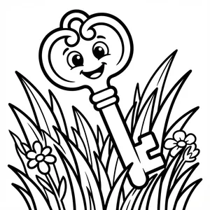 Cute smiling vintage skeleton key tucked in tall green grass and small flower blossoms line art coloring page.