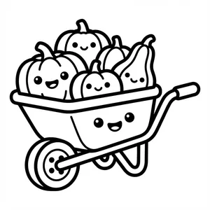 Cute smiling wheelbarrow filled with happy pumpkins and squash gourds line art coloring page.