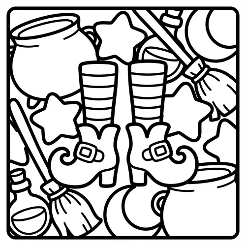 Striped witch boots surrounded by potions, designed as simple coloring pages with thick lines.