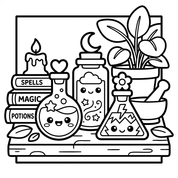 Witchy potions, books, and candles on a table.