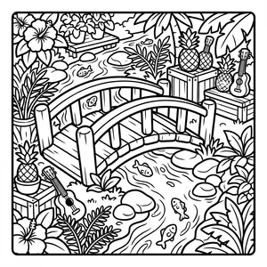 A picturesque wooden bridge arching over a stream with swimming fish, surrounded by potted pineapples, plants, and an acoustic guitar.