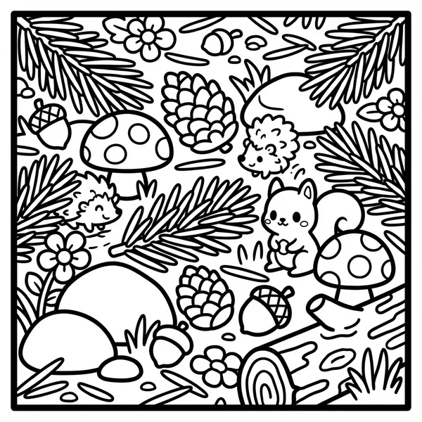 A dense woodland scene featuring a cute squirrel, a hedgehog, mushrooms, pine cones, acorns, and fir tree branches.