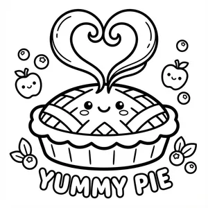 Cute smiling baked lattice pie with heart-shaped steam swirling above and smiling apples and berries around line art coloring page.