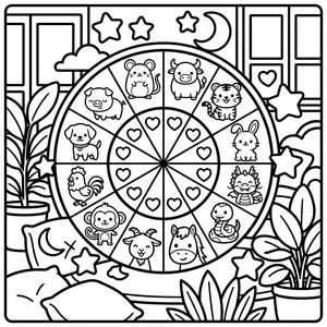 Zodiac animal wheel with hearts.