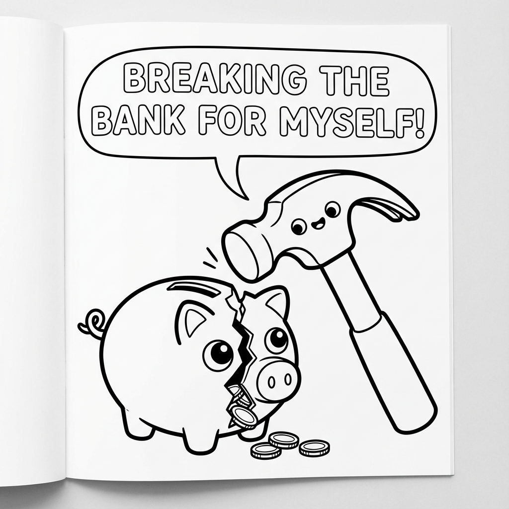 Kawaii hammer cracking open a cute piggy bank full of coins with speech bubble reading BREAKING THE BANK FOR MYSELF!.