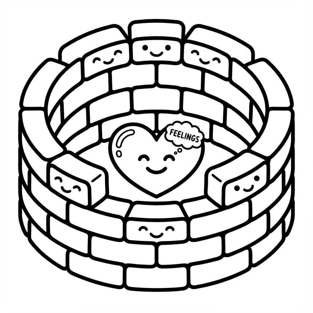 Kawaii heart protected inside a round brick wall with smiling bricks and a thought bubble labeled FEELINGS.