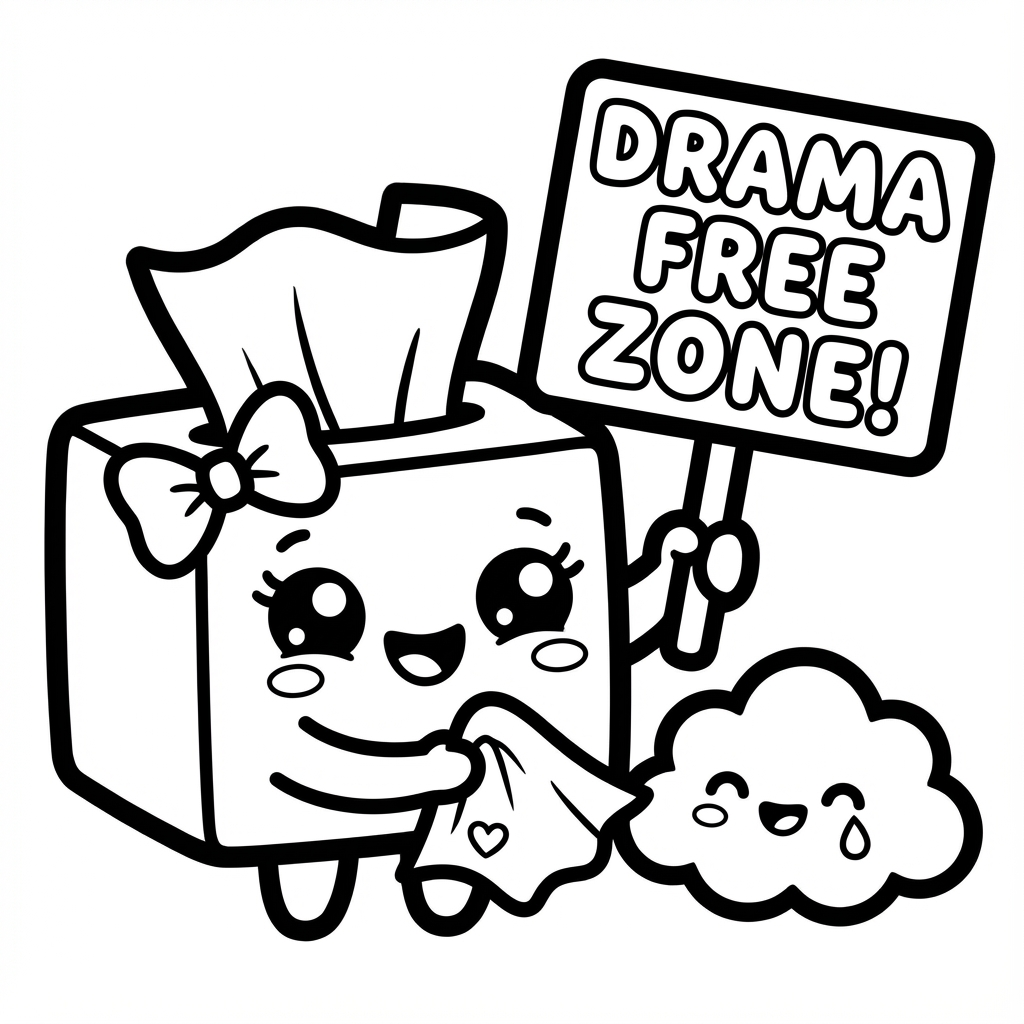 Kawaii tissue box character holding a sign that reads DRAMA FREE ZONE! while comforting a happy little cloud.