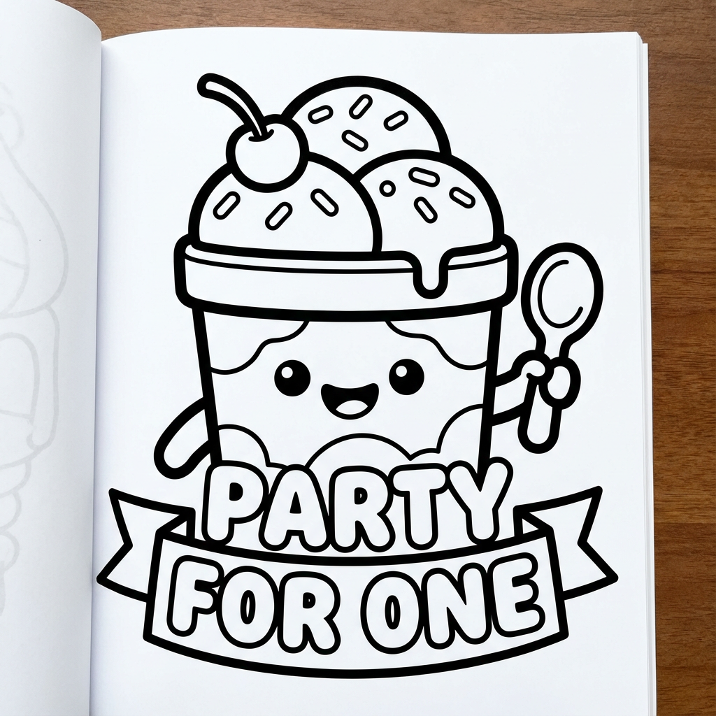 Kawaii ice cream sundae tub character holding a spoon with a banner reading PARTY FOR ONE.