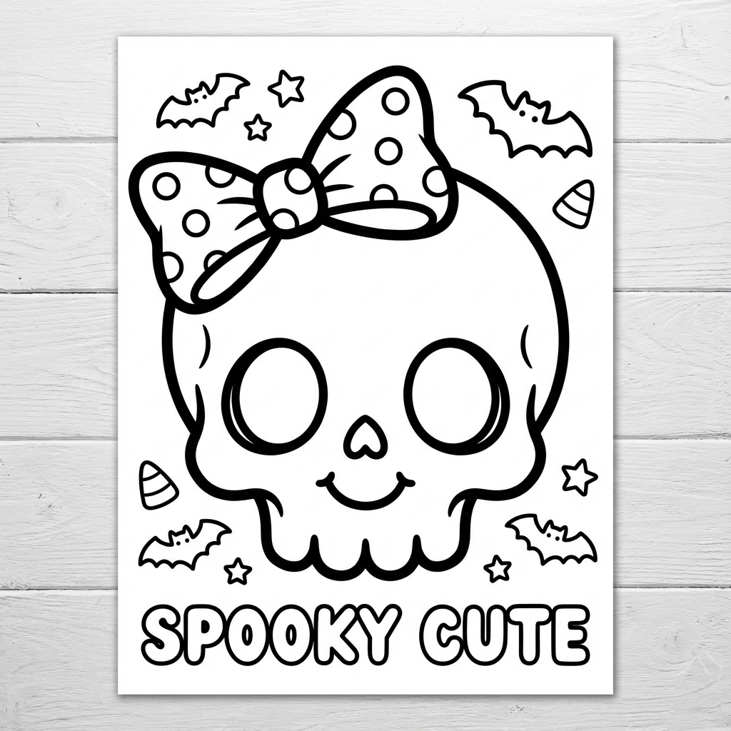 Cute kawaii skull wearing a polka dot bow surrounded by bats with text reading SPOOKY CUTE.