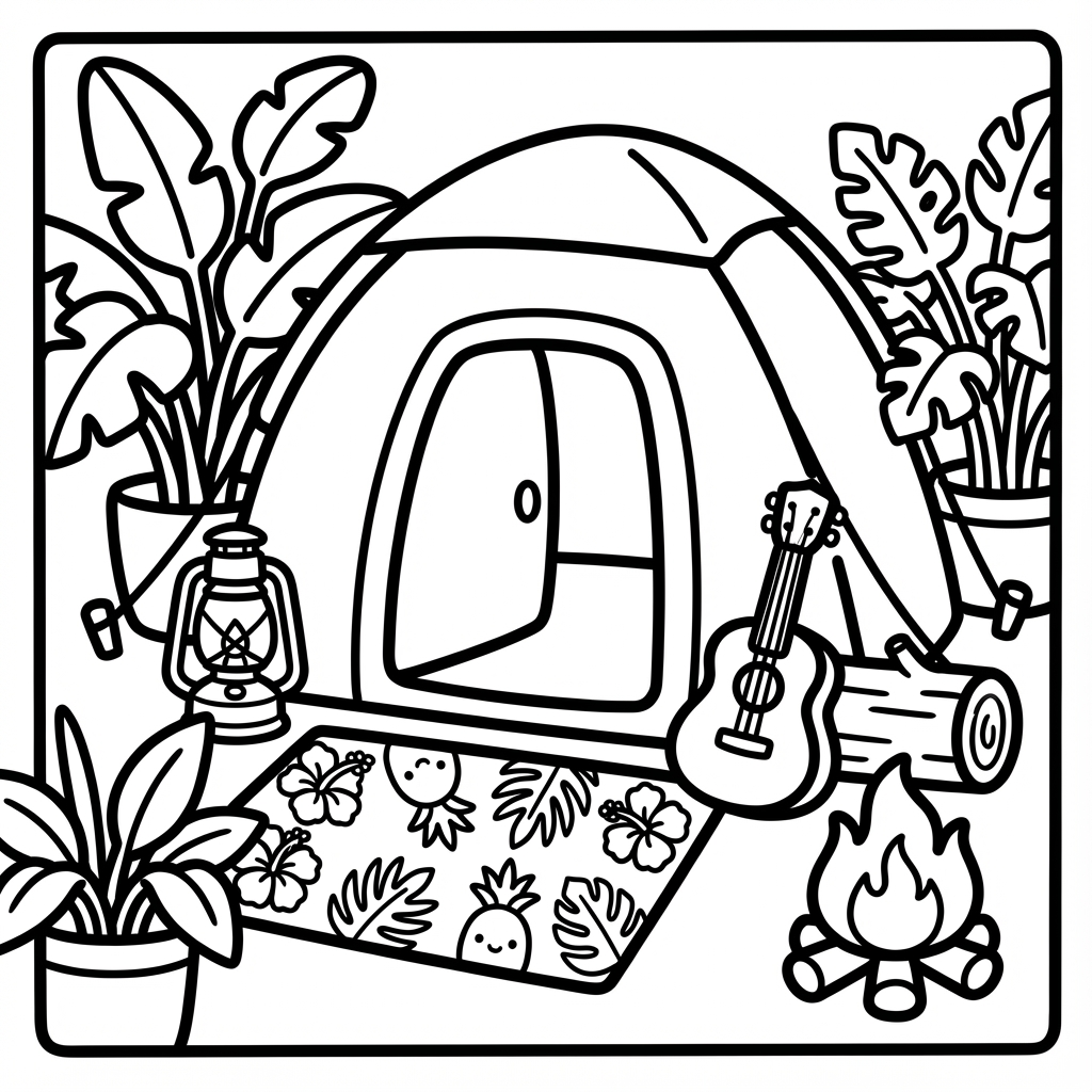 A cute camping tent with its door open, surrounded by potted plants, a lantern, an acoustic guitar, a campfire, and a patterned mat on the ground.