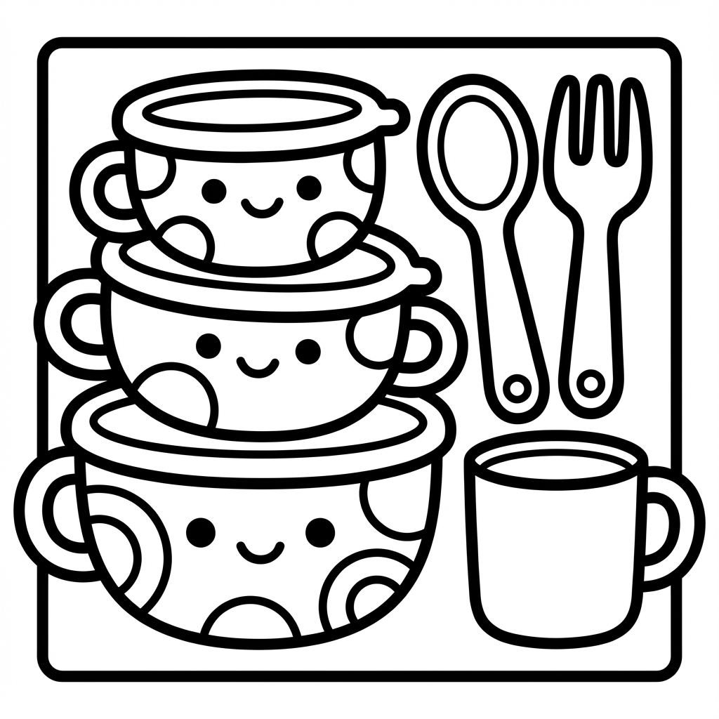 Three stacked camping cups with lids, each featuring a cute smiley face, placed next to a fork, a spoon, and a plain mug.