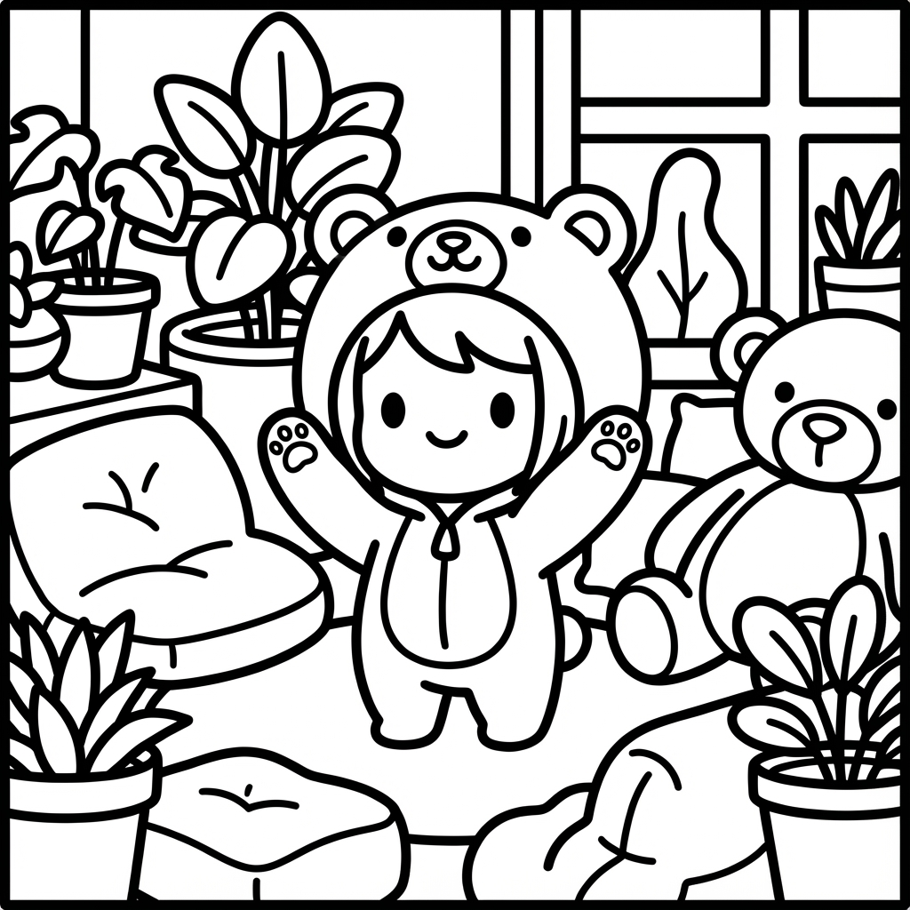 A cute chibi child in a fluffy bear costume with a hood and paw designs, standing in a cozy room with potted plants, cushions, and a teddy bear toy.