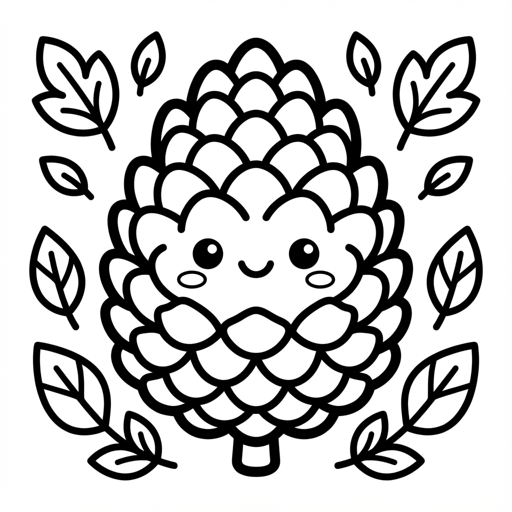 Cute smiling pinecone character framed by autumn oak and maple leaves line art coloring page.