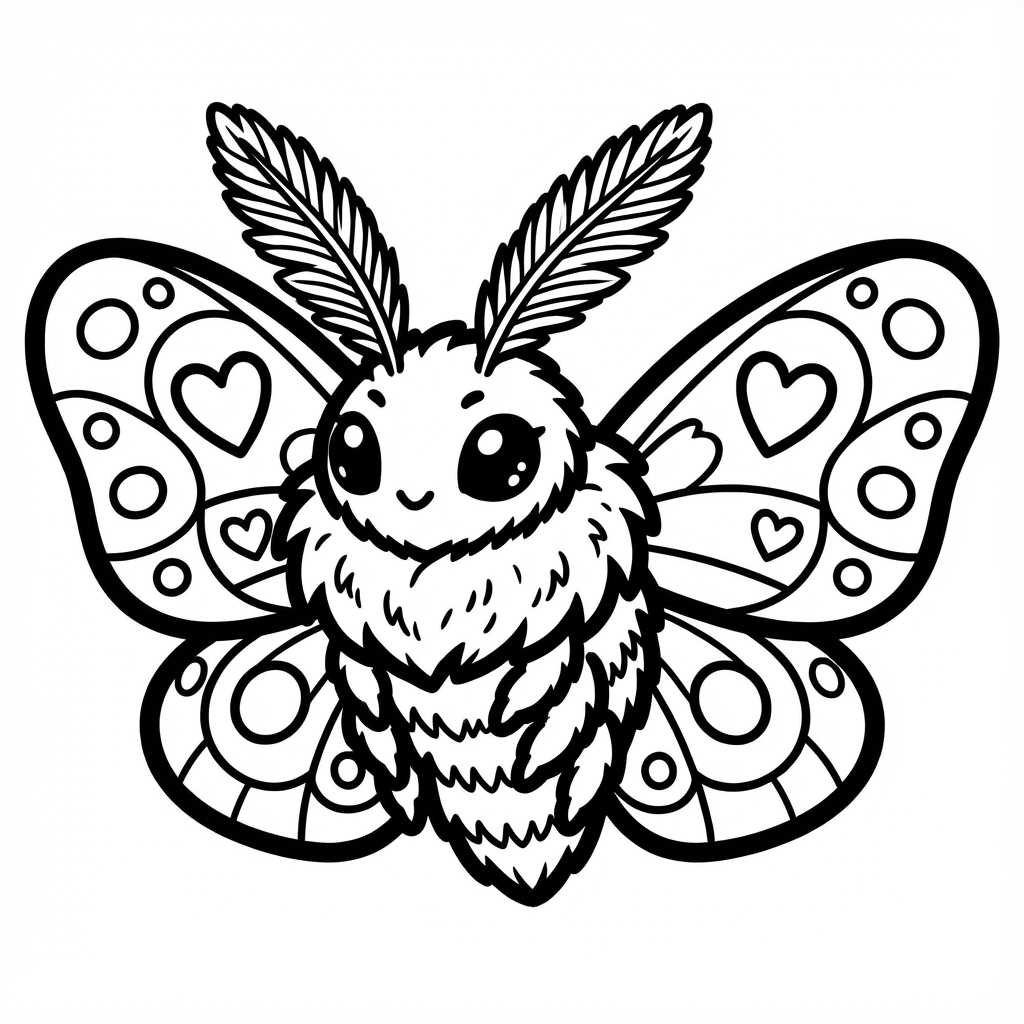 Cute fluffy moth character with feathery antennae and heart pattern wings line art coloring page.
