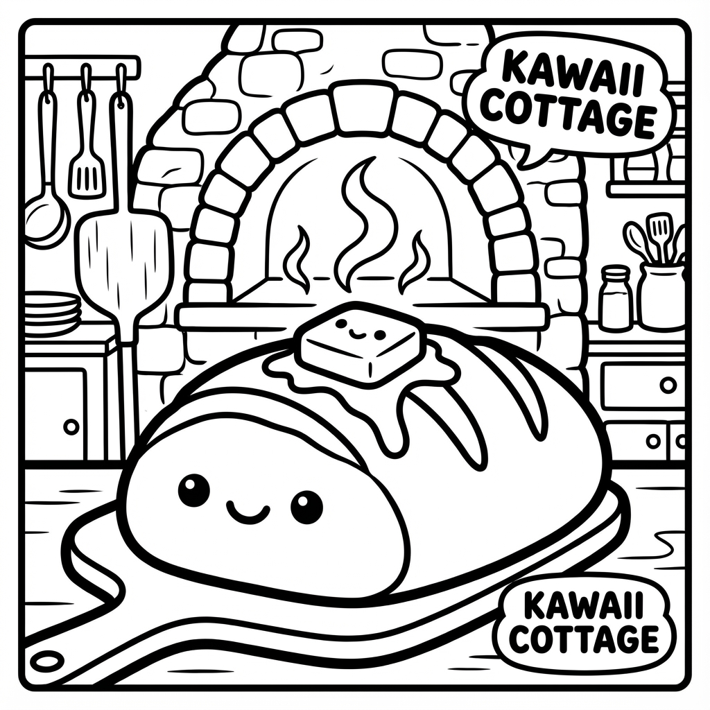 Cute smiling loaf of freshly baked bread with melting butter on a cutting board in front of a rustic stone brick oven line art coloring page.