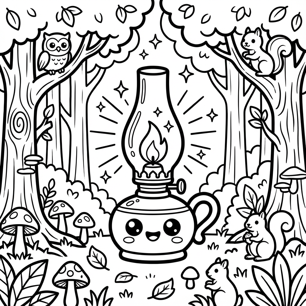 Cute glowing vintage oil kerosene lantern in a magical forest filled with squirrels, owl in a tree, and wild mushrooms line art coloring page.