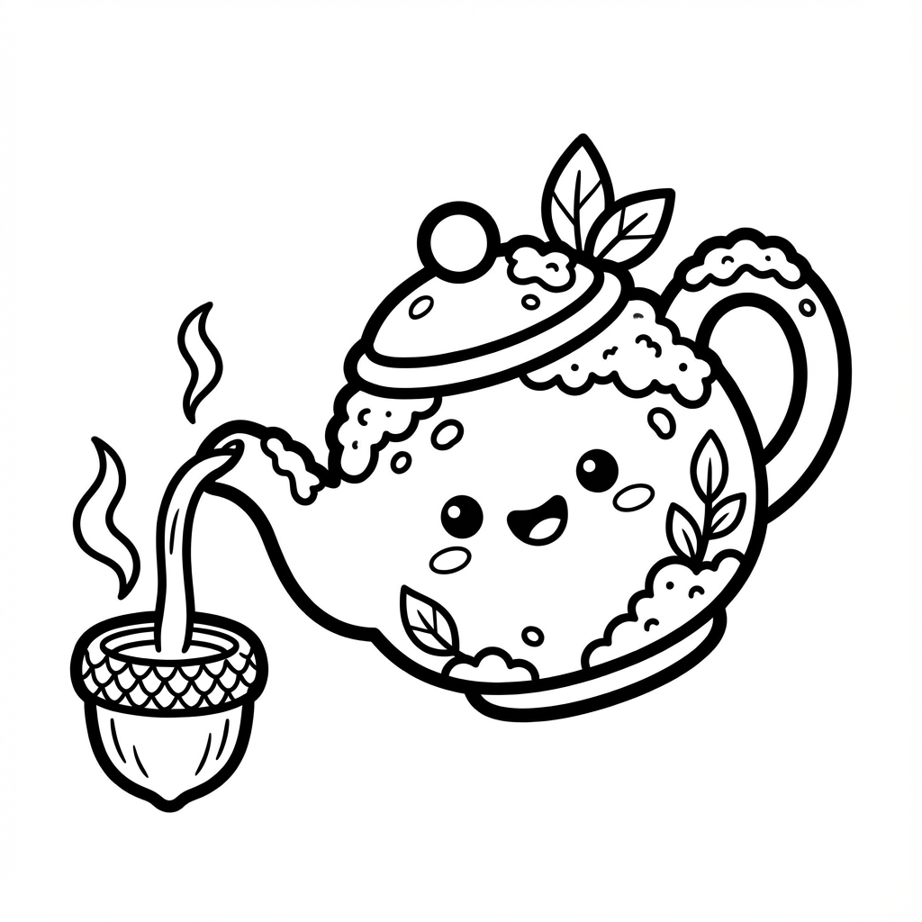Cute smiling teapot decorated with leaves pouring steaming hot tea into a cozy acorn cup line art coloring page.
