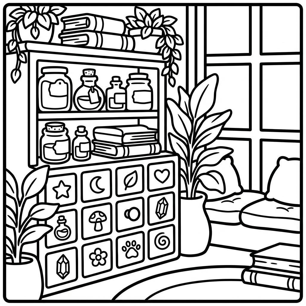 A cozy magical bookshelf with potions and plants between the books, a simple bold outline coloring page.