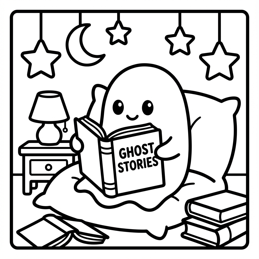 An adorable ghost reading a book in bed, a cozy bold outline coloring page with wide margins.