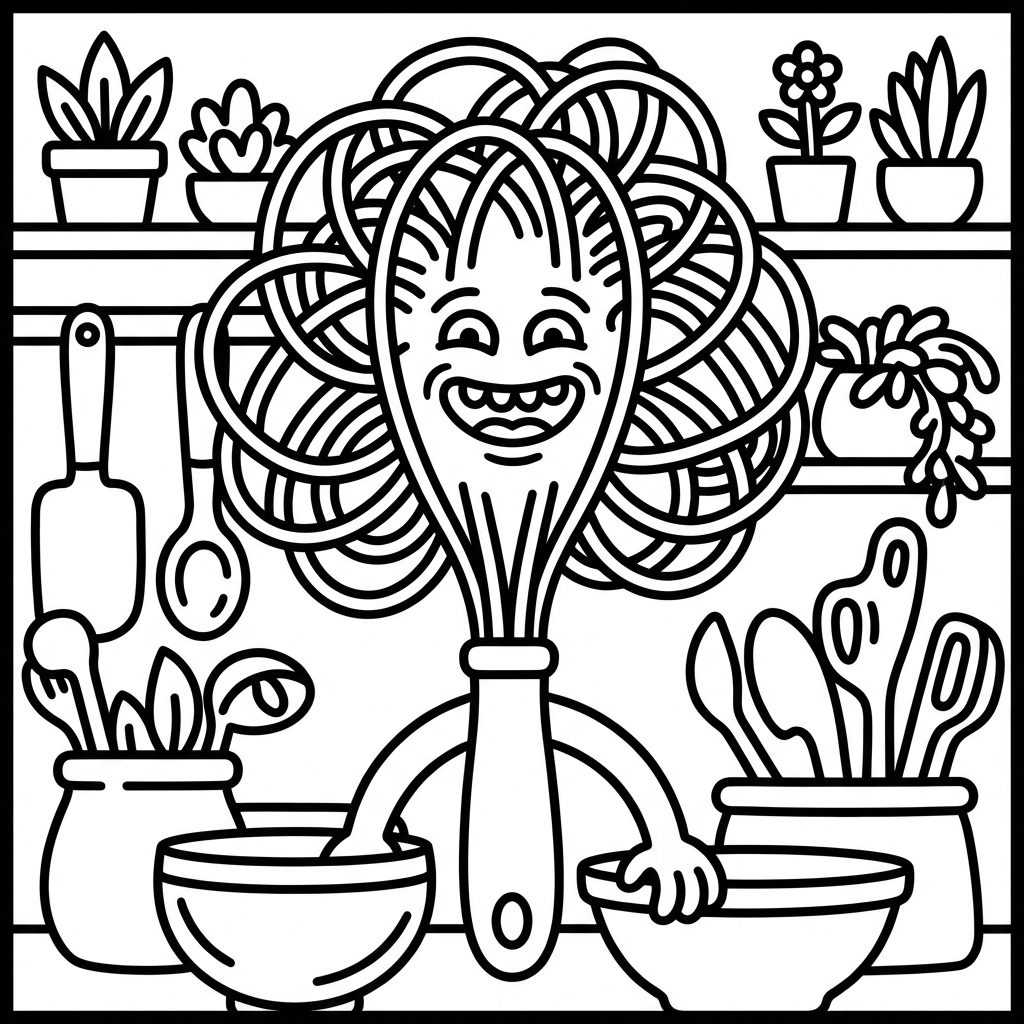 Cartoon kitchen wire whisk monster with a big toothy grin and wire loops reaching into baking bowls near potted plants.