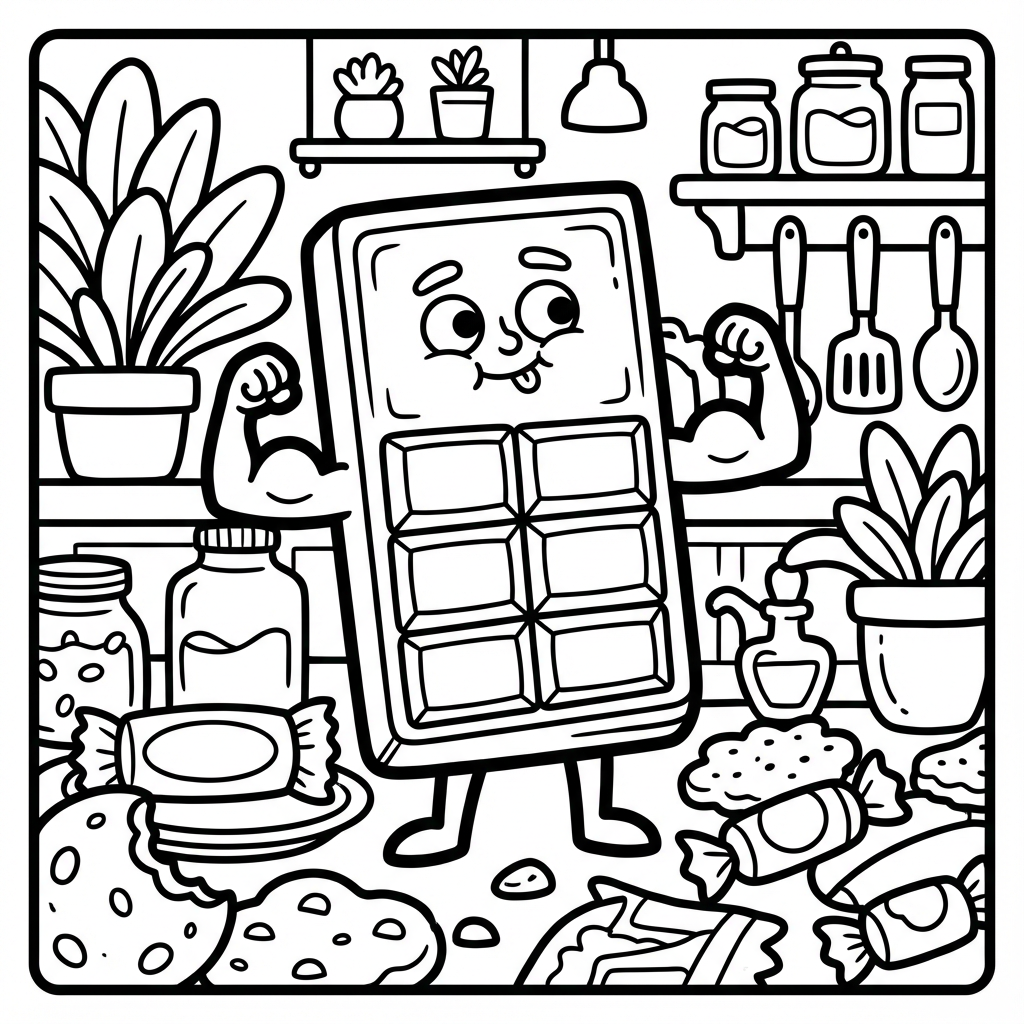 Cute chocolate bar monster flexing its muscular arms inside a bakery kitchen with wrapped candies and cookies on the counter.