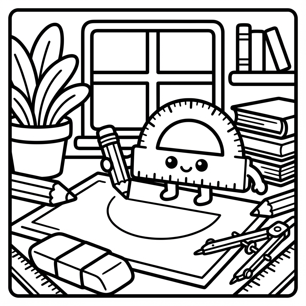 A happy protractor character with feet holding a pencil to draw on paper, surrounded by a geometry compass, eraser, books, and house plant.