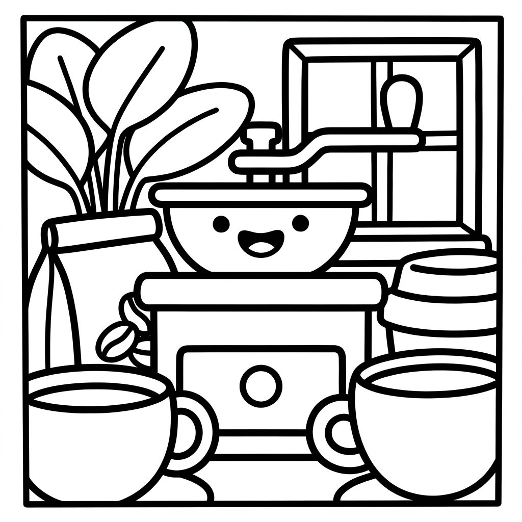 A cute vintage manual coffee grinder with a happy face, next to coffee cups, a bag of coffee beans, a potted plant, and a sunlit window.