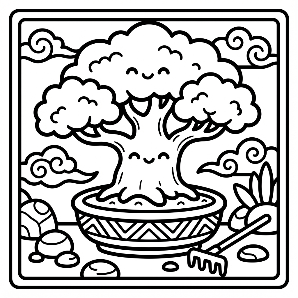 Adorable smiling bonsai tree in a patterned planter dish next to a mini garden rake and zen rocks.