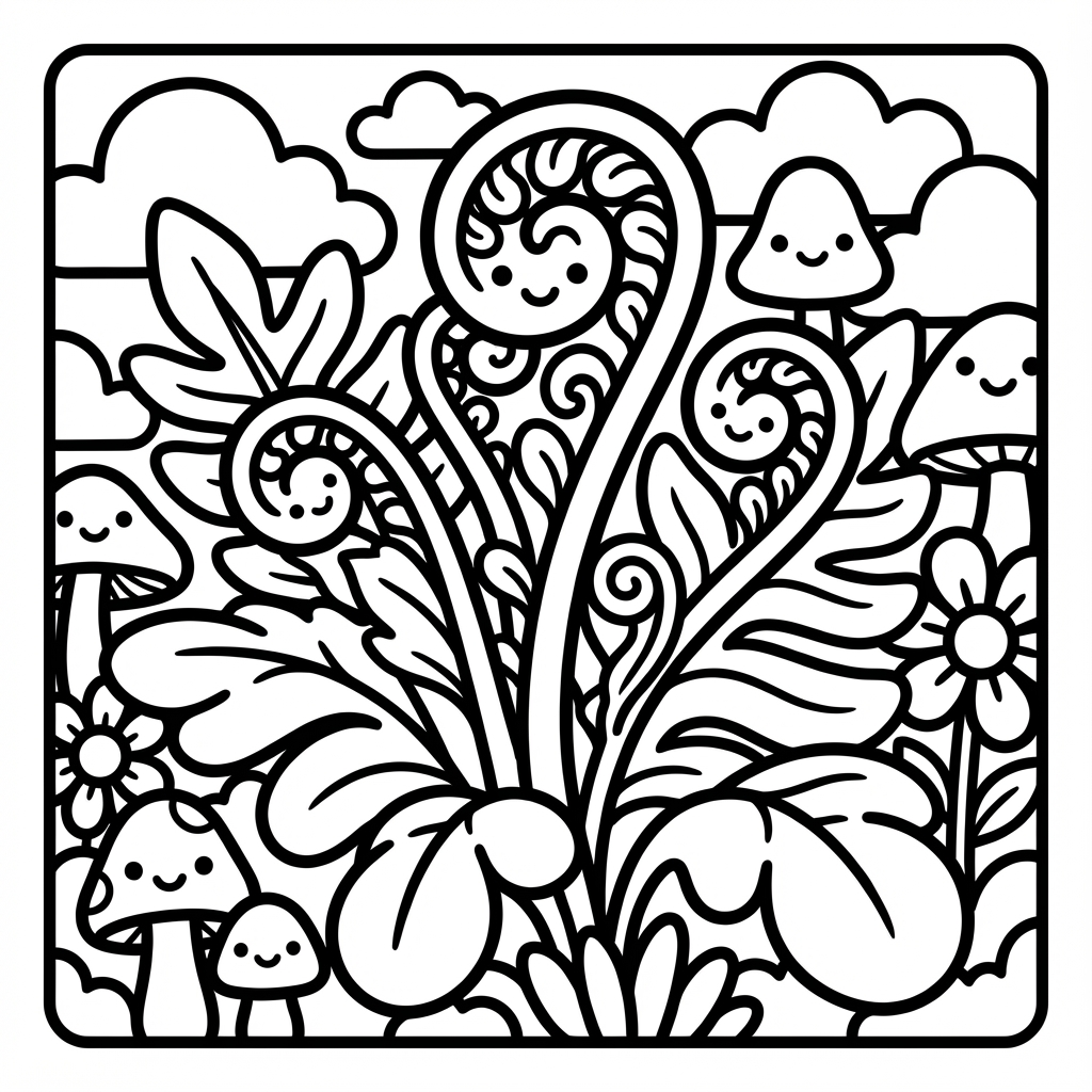Cute smiling fern fiddleheads uncurling upward in an enchanted woodland garden with mushrooms.