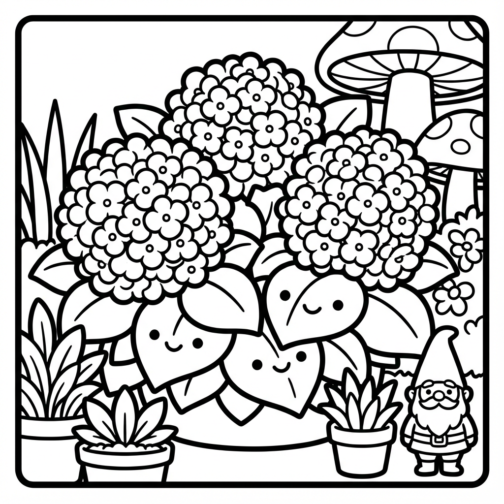 Big blooming hydrangea bush with smiling heart leaves next to a cute standing garden gnome and potted plants.