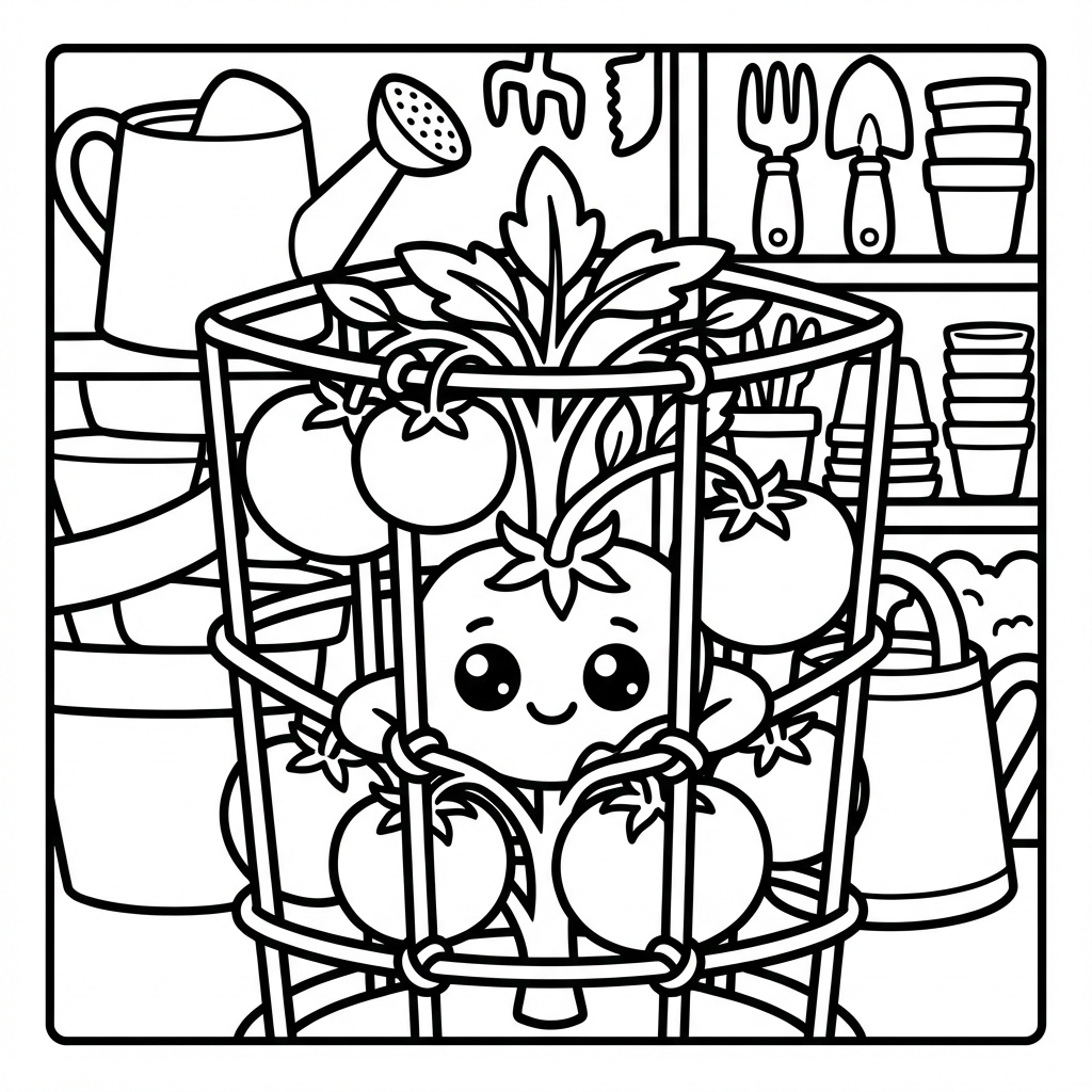Cute smiling tomato character growing inside a wire tomato cage with garden pots and tools in the background.