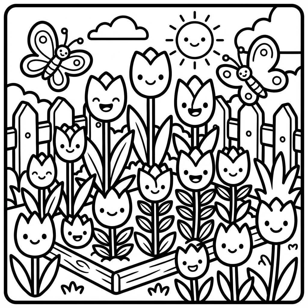 Wooden garden planter box filled with smiling tulip flowers and happy butterflies fluttering around under the sun.