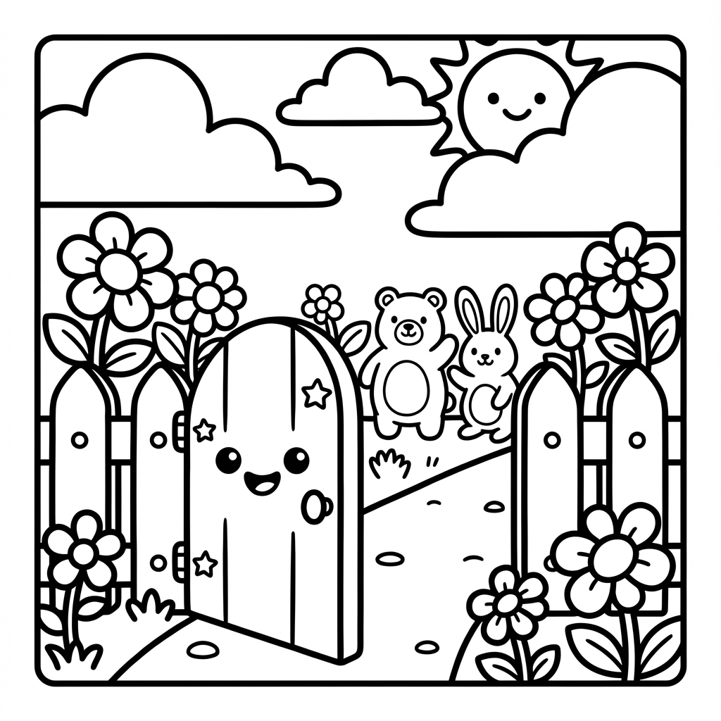 Kawaii open wooden garden gate with a smiling face, surrounded by flowers with a cute bear and bunny waving in the background.