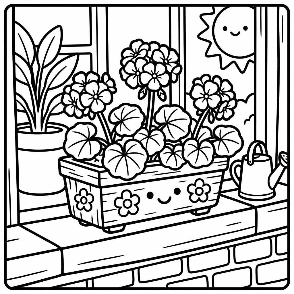 Smiling wooden window planter box overflowing with blooming geranium flowers and leaves on a sunlit windowsill.