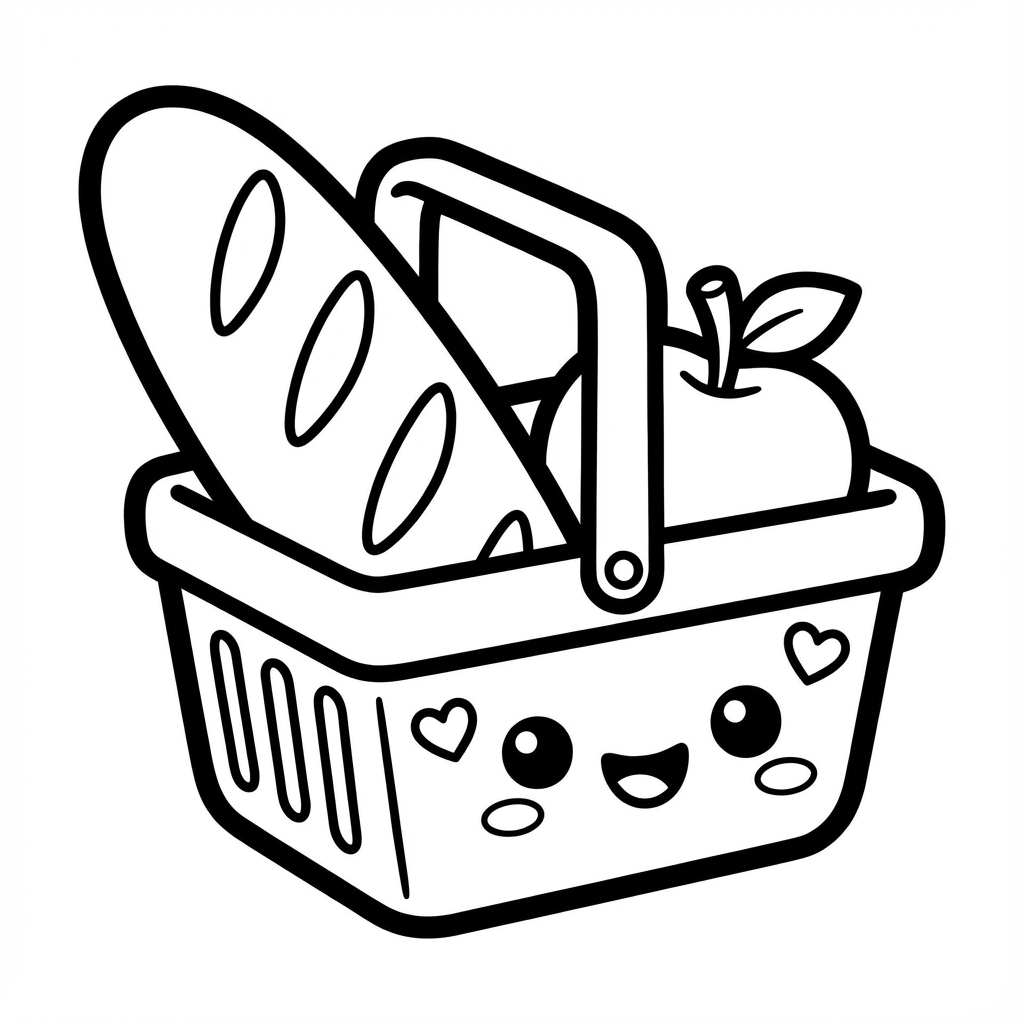 A happy grocery shopping basket with a smiling face and hearts, carrying a fresh baguette loaf and an apple.