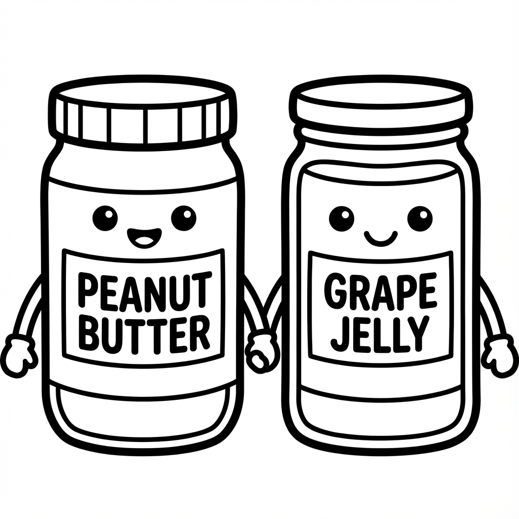 Adorable smiling jar of Peanut Butter and jar of Grape Jelly holding hands in a best friends pose.