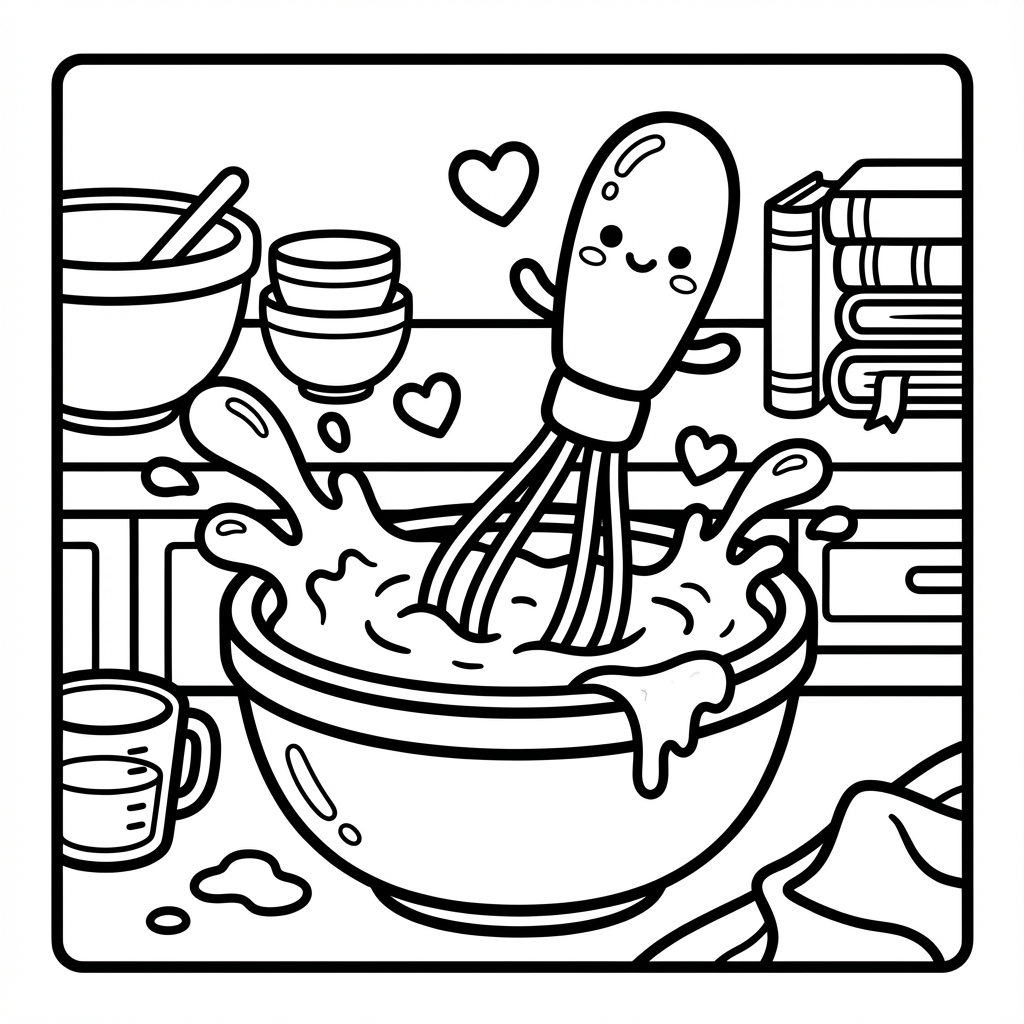 A happy wire whisk character with little arms mixing batter in a big bowl with splashes and flying hearts, set on a kitchen counter.