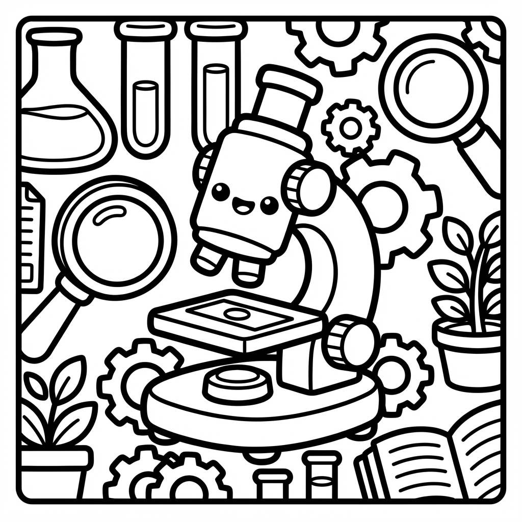 An adorable microscope character with a happy face in a science laboratory, surrounded by flasks, test tubes, magnifying glasses, and gears.
